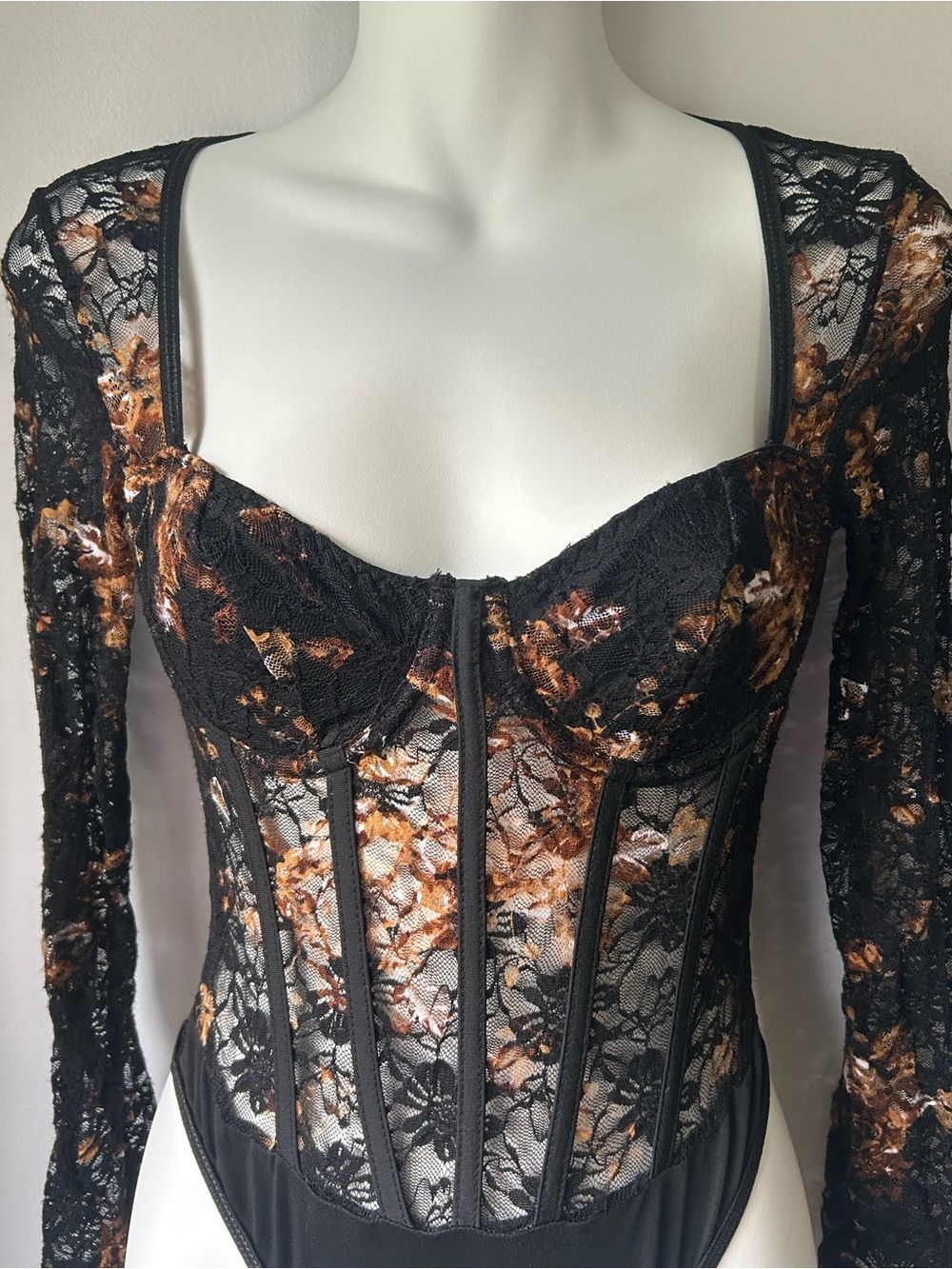 ⚡️2 for $38 NWOT Black Lace Bodysuit with Brown Floral Accents